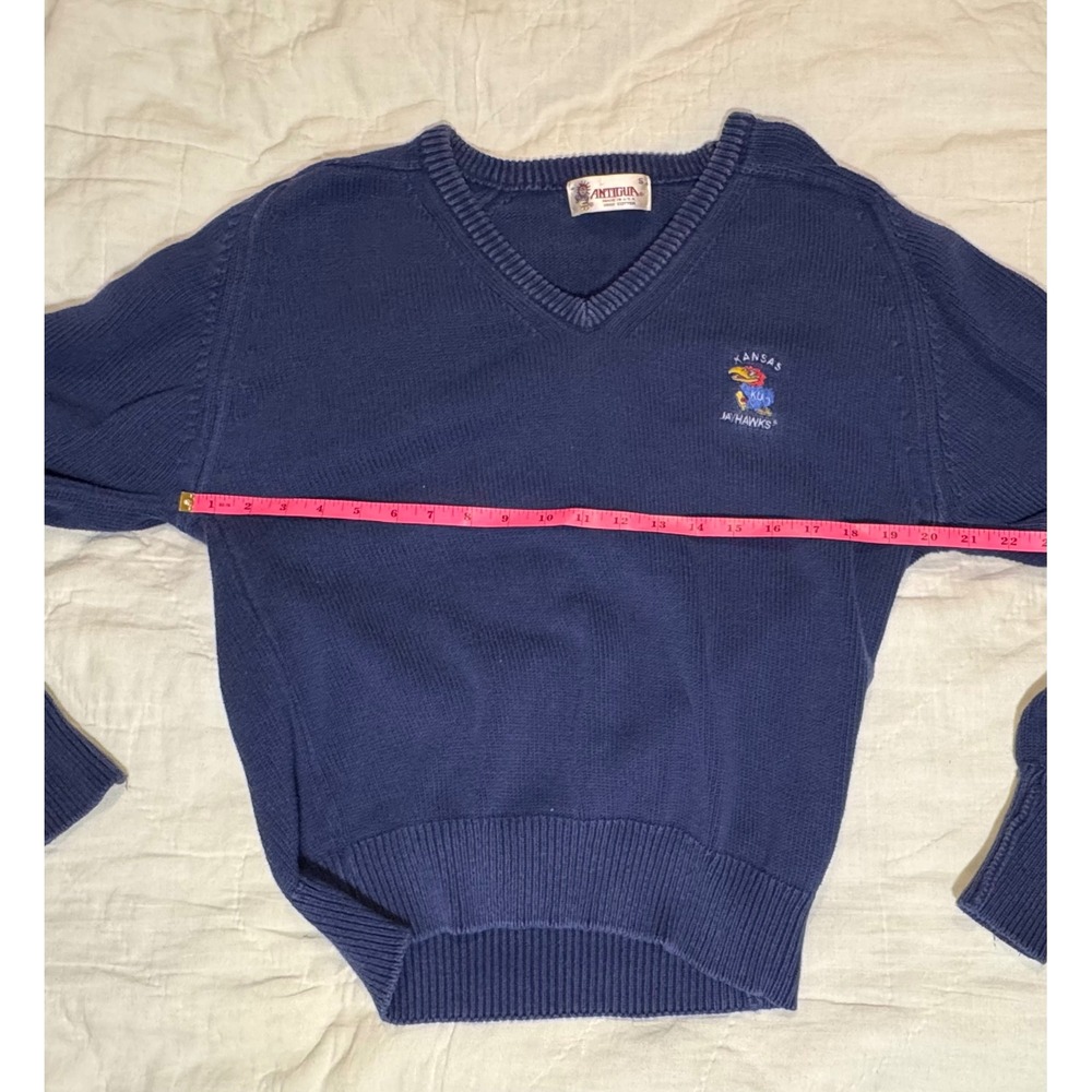 Vintage Antigua Kansas‎ Jayhawks V-Neck Sweater Blue Cotton Made in USA Mens S - Picture 2 of 7